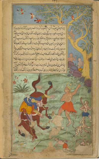 Vol.2 fol.226 أنجادا تضرب شيطان Narantaka (ألوان مائية مبهمة وحبر وذهب على ورق) بواسطة المدرسة الهندية