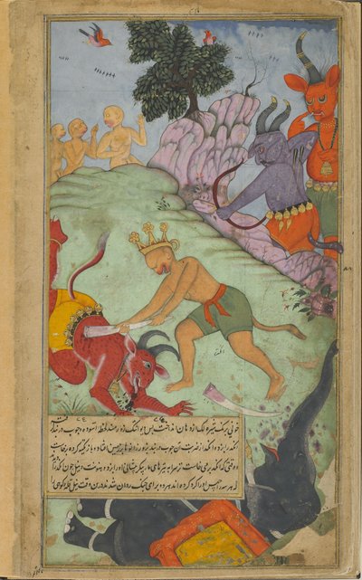 Vol.2 fol.227 أنغادا تضرب دافانتاكا مع ناب ناب ممزق من فيل ماهوداراس (ألوان مائية مبهمة وحبر وذهب على ورق) بواسطة المدرسة الهندية