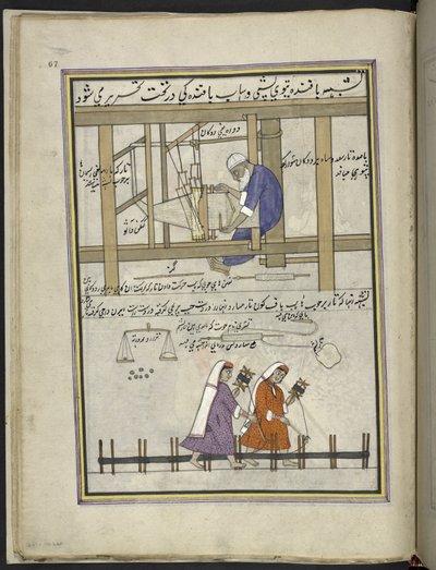 حائك في النول يصنع قماش خشن (باتو) ؛ النساء العصا تزييفها ،  86 رسماً مجلداً في مجلد يصور الحرف والمهن في كشمير ، يظهر الحرفيون في العمل بأدواتهم ومعداتهم ،  من قبل فنان من كشمير ، ربما في سريناغار ، ج بواسطة المدرسة الهندية