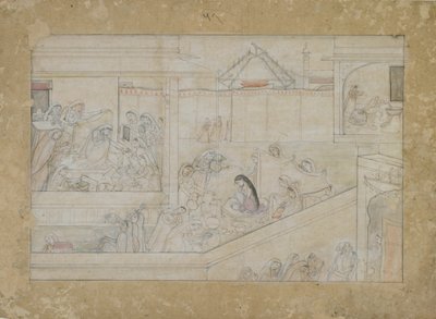 استعدادات الزفاف من سلسلة Naishadhicharita ، Guler ، Punjab Hills ، 1775-1800 (ألوان مائية غير شفافة على الورق) بواسطة المدرسة الهندية