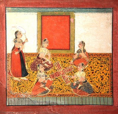 نساء يلعبن الباراتشي ، يجلسن على أرضية صفراء منقوشة ، c.1725 (مرحاض غير شفاف وذهب على ورق) بواسطة المدرسة الهندية