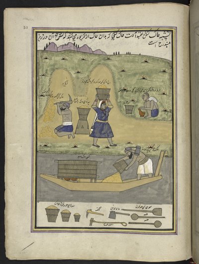 عمال حفر الأرض ونقلها.  86 رسمة مجمعة في مجلد تصور الحرف والمهن في كشمير ، يظهر الحرفيون في العمل بأدواتهم ومعداتهم ،  بواسطة فنان من كشمير ، ربما في سريناغار ، حوالي 1850-60 (الغواش في بواسطة المدرسة الهندية