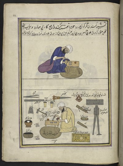 عمال الذهب الخالص "(كوندان)" يصنعون الحلي ويرصعون الجواهر ،  86 رسماً مجلداً في مجلد يصور الحرف والمهن في كشمير ، يظهر الحرفيون في العمل بأدواتهم ومعداتهم ،  بقلم فنان من كشمير ، ربما في سريناغار بواسطة المدرسة الهندية