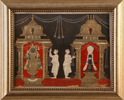 عبادة Visnhu و Shiva على شكل Shivalingam ، مدرسة Tanjavore ، أواخر القرن التاسع عشر (مرحاض وذهب على ورق) بواسطة المدرسة الهندية