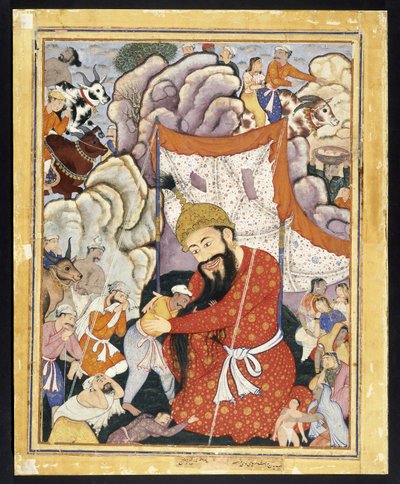 Zumurrud Shah يأخذ اللجوء في الجبال ، كاليفورنيا. 1570 (ألوان مائية غير شفافة وذهب على قماش قطني) بواسطة المدرسة الهندية