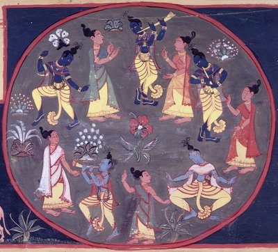 fol.142v دائرة من الراقصين والموسيقيين ، من "The Brahma-Khanda of the Brahma-vaivarta purana" بقلم Durgacarya بواسطة المدرسة الهندية