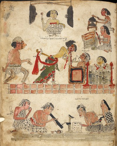 أشخاص يعزفون الموسيقى ويرقصون ويدخنون ، رسم توضيحي من "Serat Damar Wulan" أو "The Romance of Damar Wulan" (قلم وحبر مع ألوان مائية على الورق) بواسطة المدرسة الاندونيسية