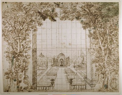 A garden and princely villa (pen & ink on paper) بواسطة إنيجو جونز