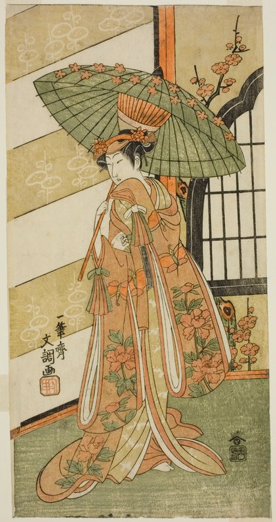 الممثل Onoe Tamizo I بدور Nishikigi في مسرحية Mutsu no Hana Ume no Kaomise ، تم عرضه في مسرح Ichimura في الشهر الحادي عشر ، 1769 بواسطة إيبيتسوساي بانشو