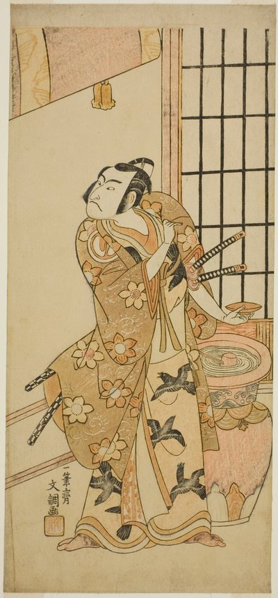 الممثل Sawamura Sojuro II بدور Kudo Suketsune (؟) في مسرحية Edo no Hana Wakayagi Soga (؟) ، تم عرضها في مسرح Ichimura (؟) في الشهر الثاني ، 1769 (؟) بواسطة إيبيتسوساي بانشو