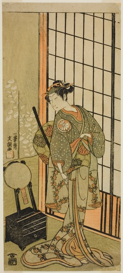 الممثل Segawa Kikunojo II بدور الأميرة Hitomaru (Hitormaru Hime) (؟) في te Play Soga Moyo Aigo no Wakamatsu (؟) ، تم أداؤه في مسرح ناكامورا (؟) في الشهر الأول ، 1769 (؟) بواسطة إيبيتسوساي بانشو