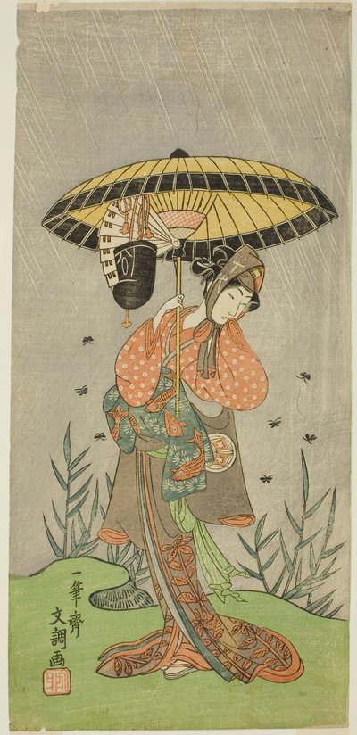 الممثل Yamashita Kinsaku II بدور Nijo no Kisaki (؟) في مسرحية Natsu Matsuri Naniwa Kagami (؟) ، تم أداؤه في مسرح Morita (؟) في الشهر السابع ، 1770 (؟) بواسطة إيبيتسوساي بانشو