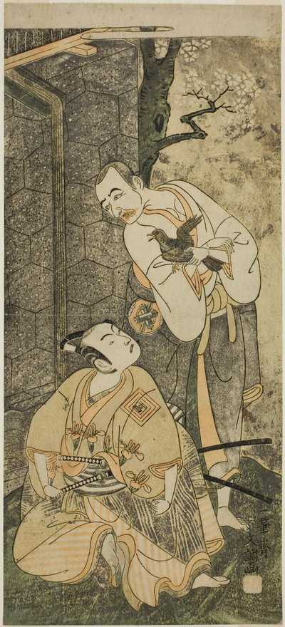 الممثلين ناكامورا أوتيمون الأول في دور Seigen (يمين) ، وإيتشيكاوا كومازو الثاني في دور شيميزو تونوينوسوكي كيوهارو (يسار) ، في مسرحية سوجا مويو إيجو نو واكاماتسو ، تم أداؤها في مسرح ناكامورا في الشهر الثالث ، 1769 بواسطة إيبيتسوساي بانشو
