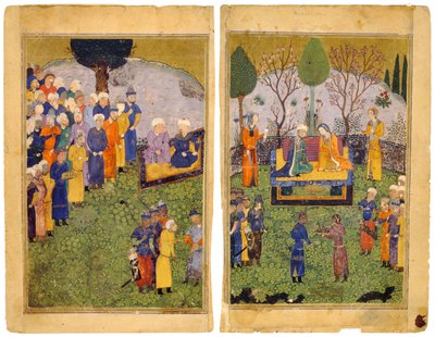 زوجان من الأمراء مع فلاحين في حديقة. من كتاب شاهنامة للملوك بواسطة سيد إيراني