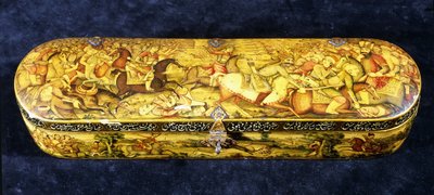 علبة أقلام من الورق المعجن ، أعلاها مطلية بمعركة تشالديران بواسطة المدرسة الإيرانية