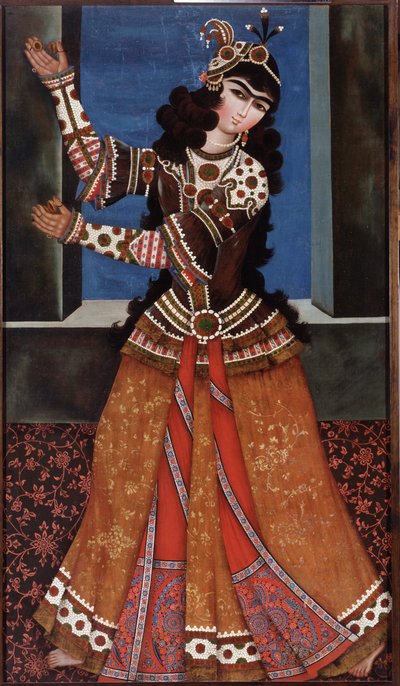 راقصة مع صنجات - رسم لسيد إيراني ، زيت على قماش (158 × 90 سم) ، أوائل القرن التاسع عشر - فتاة راقصة مع صنجات ، زيت على قماش لسيد إيراني ، أوائل القرن التاسع عشر - متحف الإرميتاج ، سانت بطرسبرغ بواسطة المدرسة الإيرانية