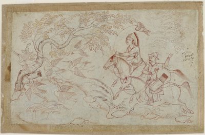 اثنين من الفرسان يصطادون الصقور ، 1640s بواسطة المدرسة الإيرانية