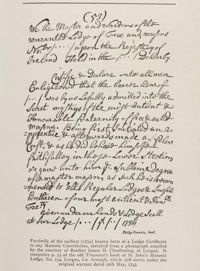 أقدم شهادة معروفة (إيرلندية) مع ختم من Grand Lodge ، 1762 بواسطة المدرسة الايرلندية