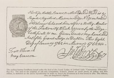 الفاكس لأقدم شهادة معروفة صادرة بموجب ختم Grand Lodge of Ireland بتاريخ 1762 بواسطة المدرسة الايرلندية