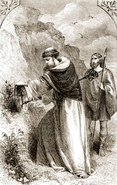 سانت باتريك بمناسبة درع كونالز مع الصليب ، من The Trias Thuamaturga ، أو ثلاثة عجائب القديسين في أيرلندا ، بقلم ماري كوساك (1829-1899) المنشورة c.1890s بواسطة المدرسة الايرلندية
