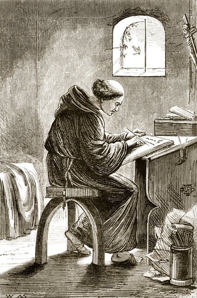 كتابة القديس فنسنت في زنزانته في فيرينز ، من The Trias Thaumaturga ، أو ثلاثة قديسين عجائب في أيرلندا ، بقلم ماري كوساك (1829-1899) المنشورة c.1890s بواسطة المدرسة الايرلندية