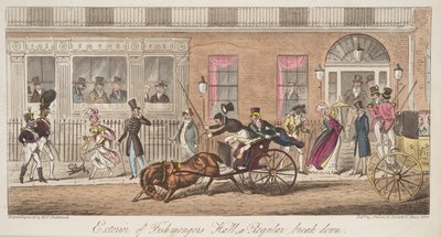 خارج قاعة Fishmongers ، شارع سانت جيمس ، مع إطلالة على انهيار منتظم ، من The English Spy ، حانة. 1824 (نقش يدوي) بواسطة إسحاق روبرت كروكشانك