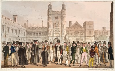 الغياب الأول ، أو إيتونز ردينغ رول الصباح ، من الجاسوس الإنجليزي المنشور عام 1824 (النقش الملون باليد) بواسطة إسحاق روبرت كروكشانك