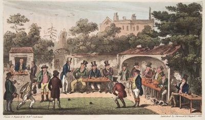 The Bowling Alley، Worcester، or Characters of the Hand and Glove Club، from The English Spy، London London، 1824 (نقش ملون باليد) بواسطة إسحاق روبرت كروكشانك