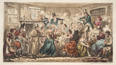 The Buff Club at the Pig and Whistle، Avon Street، Bath، from The English Spy، pub. لندن ، 1824 (النقش اليدوي) بواسطة إسحاق روبرت كروكشانك