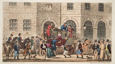 The Post Office Bristol ، وصول بريد لندن ، من The English Spy ، نشر لندن ، 1824 بواسطة إسحاق روبرت كروكشانك