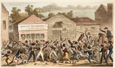 The Tea Pot Row في Harrow ، أو معركة Hog Lane ، من The English Spy ، حانة. 1824 (نقش يدوي) بواسطة إسحاق روبرت كروكشانك