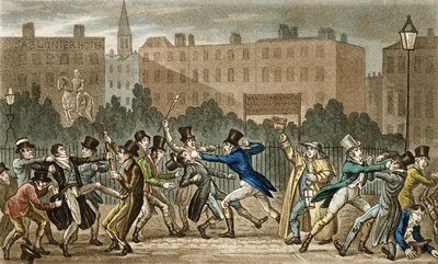 توم وجيري ولوجيك متورطون في قتال ليلي ، من "الحياة في لندن" بقلم بيرس إيجان (1772-1849) ، 1821-22 (ألوان مائية) بواسطة إسحاق وروبرت وجورج كروكشانك