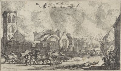 القوات الفرنسية تنهب وتطلق النار على أنقاض قرية نيغتيفخت ، 1672 سلسلة من ثلاث عشرة صورة للقرى والقلاع في مقاطعة أوتريخت التي دمرها الفرنسيون عام 1672 (عنوان السلسلة) بواسطة إسحاق سورياس