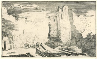القلعة في جارسفيلد ، التي دمرها الفرنسيون في 1672 'فتحة في يارسفيلدت (العنوان على الكائن) سلسلة من ثلاثة عشر صورة للقرى والقلاع في مقاطعة أوتريخت التي دمرها الفرنسيون عام 1672 (عنوان السلسلة) بواسطة إسحاق سورياس