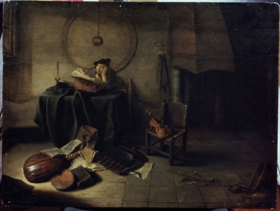 "Melancholy II" (Melancholy II (عالم في الاستوديو الخاص به)) رجل يدرس الموسيقى ، تعبير متأمل. اللوحة التي رسمها إسحاق دي جودرفيل (1613-1648) سيربوخوف ، متحف الدولة للتاريخ والفنون بواسطة إسحاق دو جودرفيل