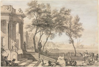 مشهد رائع للميناء مع العمارة والأشكال ، 1713. بواسطة إسحاق دي موشرون