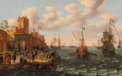 ثلاثة رؤساء هولنديين ومخزن بابوي مع شحن آخر على طول ساحل مدينة محصنة ، حوالي 1662 (زيت على لوح) بواسطة إسحاق ويليارتس