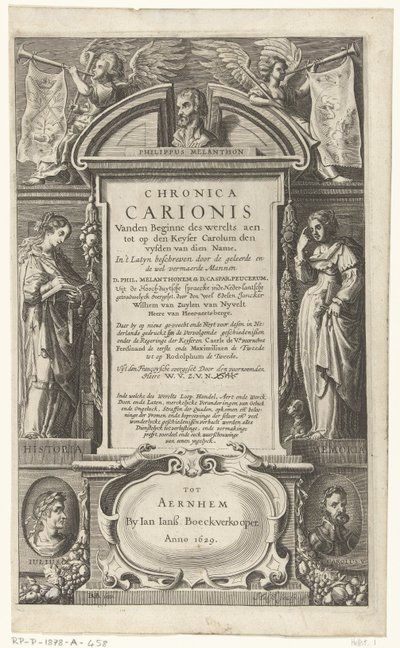 صفحة العنوان لـ Chronica Carionis بواسطة P. Melanchthon Chronica Carionis vanden beginne des worlts aen tot op den Keyser Carolum (العنوان على الكائن) بواسطة جان جانز.