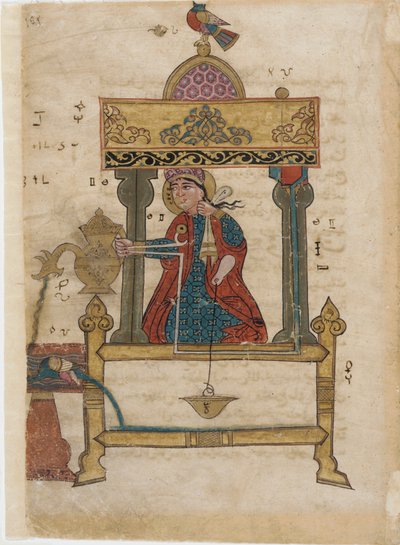 آلية غسل اليدين بآلية تدفق ، ورقة من كتاب الأجهزة الميكانيكية البارعة ؛ الجزري ، 1315 (مرحاض غير شفاف ، حبر وذهب على ورق) بواسطة مدرسة إسلامية