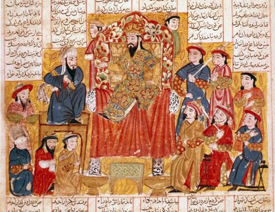 الفن الإسلامي: "" سلطان ومحكمته "" منمنمة فارسية من مخطوطة قصيدة ملحمية "شاه نامه" (شاه ناما ، شاهنامه) (كتاب الملوك) للفردوسي (الفردوسي ، أو الفردوسي ، أو الفردوسي ، كاليفورنيا. 940 - حوالي 1020) حوالي 1330 متحف توبكابي ، اسطنبول بواسطة مدرسة إسلامية