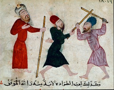 الفن الإسلامي: رسم على رق من العصر الفاطمي (القرن 10-11) - لعبة العصي - الرسم على ورق البردي - القاهرة ، متحف الفن الإسلامي بواسطة مدرسة إسلامية