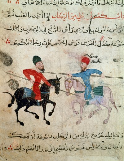 الفن الإسلامي: الرسم على الرق من الفترة الفاطمية (القرن 10-11) - مشهد مبارزة بين فارسين - الرسم على ورق البردي - القاهرة ، متحف الفن الإسلامي بواسطة مدرسة إسلامية