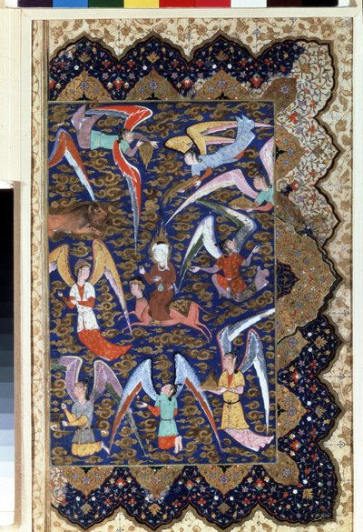 "النبي محمد (محمد أو محمد) (570-632) (وجه مغطى) أثناء المعصرة ، صعوده إلى الجنة السابعة على حصانه البراق (البراق)" لوحة مائية على ورق. القرن السادس عشر. متحف هيرميتاج ، سانت بطرسبرغ بواسطة مدرسة إسلامية