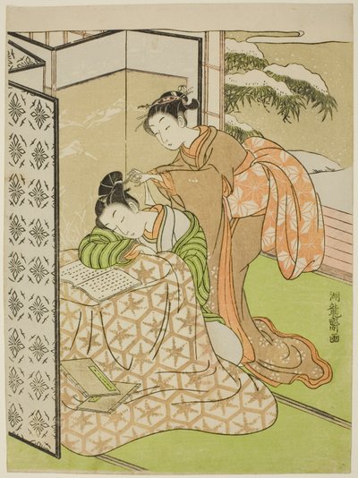 فتاة تلعب مزحة على شاب يغفو بواسطة Isoda Koryusai