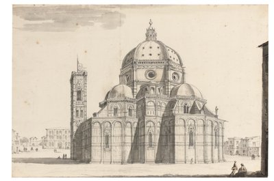The Duomo and Campanile ، فلورنسا (طباشير أسود وقلم وحبر رمادي وغسل بني ورمادي على ورق بجهاز علامة مائية) بواسطة إسرائيل الأصغر سيلفستر