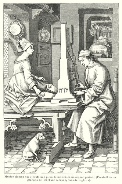 موسيقي ألماني يعزف على الأرغن المحمول ، أواخر القرن الخامس عشر (ليثو) بواسطة إسرائيل فان (بعد) ميكن