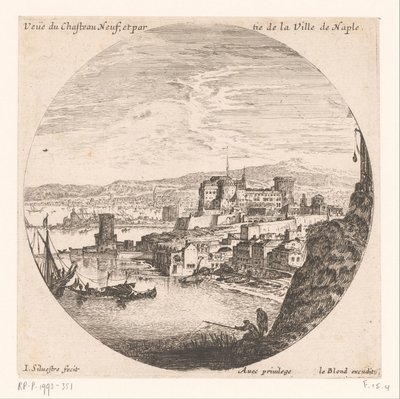 منظر لـ Castel Nuovo Veue du Chasteau neuf et partie de la Ville de Naple (العنوان على الكائن) مناظر مختلفة للموانئ البحرية (عنوان السلسلة) Divers veues de Ports de mer (عنوان السلسلة) بواسطة لوديويجك الرابع عشر (ملك فرانكريك)