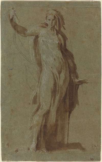 امرأة واقفة تمسك بالتمرير بواسطة القرن السادس عشر الإيطالي