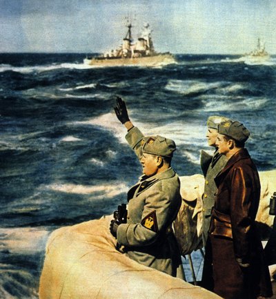 رحلة موسوليني إلى ليبيا. يستعرض Duce الأسطول الإيطالي. 1926. التصوير الفوتوغرافي الملون. بواسطة مصور إيطالي