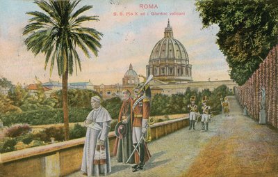 البابا بيوس العاشر في حدائق الفاتيكان ، روما. أُرسلت البطاقة البريدية عام 1913. بواسطة مصور إيطالي